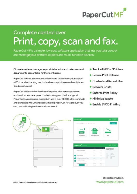 Fact Sheet Cover, Papercut MF, Alliance Document Technologies, Elko, Nevada, NV, Ruby Mountains